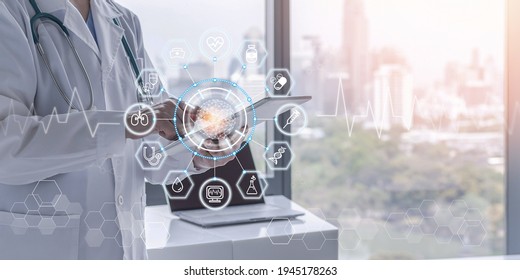 Medical Health Tech Science Ai Technology, Innovative Iot Global Healthcare With Doctor On Telehealth, Telemedicine Service Analyzing Online Patient Health Record Information Data In Hospital Lab