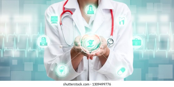 Medical Healthcare Concept - Doctor in hospital with digital medical icons graphic banner showing symbol of medicine, medical care people, emergency service network, doctor data of patient health. - Shutterstock ID 1309499776