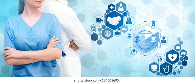 Medical Healthcare Concept - Doctor in hospital with digital medical icons graphic banner showing symbol of medicine, medical care people, emergency service network, doctor data of patient health.