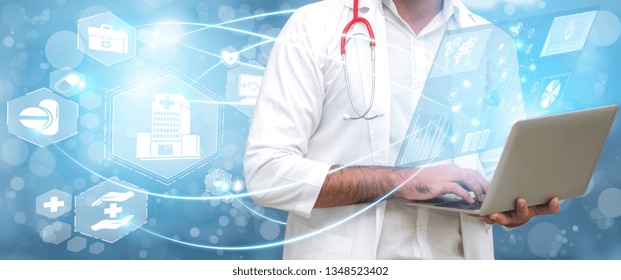 Medical Healthcare Concept - Doctor in hospital with digital medical icons graphic banner showing symbol of medicine, medical care people, emergency service network, doctor data of patient health.