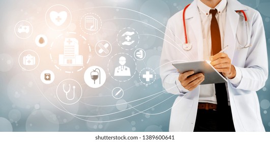 Medical Healthcare Concept - Doctor In Hospital With Digital Medical Icons Graphic Banner Showing Symbol Of Medicine, Medical Care People, Emergency Service Network, Doctor Data Of Patient Health.