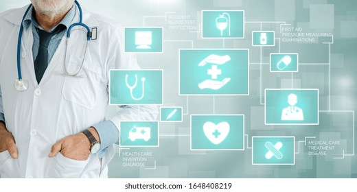 Medical Healthcare Concept - Doctor In Hospital With Digital Medical Icons Graphic Banner Showing Symbol Of Medicine, Medical Care People, Emergency Service Network, Doctor Data Of Patient Health.