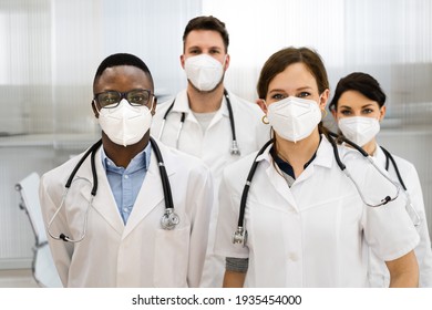 Medical Healthcare Doctor Group In Hospital Wearing FFP2 Face Mask