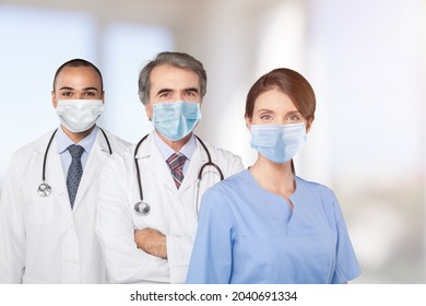 Medical Healthcare Doctor Group In Hospital Wearing Face Mask