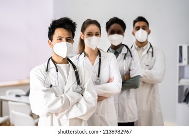 Medical Healthcare Doctor Group In Hospital Wearing FFP2 Face Mask