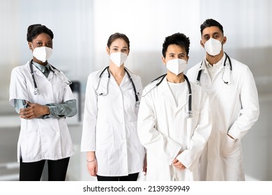 Medical Healthcare Doctor Group In Hospital Wearing FFP2 Face Mask