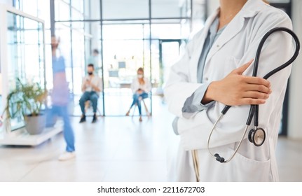 Medical Healthcare Doctor, Woman Worker Or Employee Arms Crossed Confident With Stethoscope In Busy Hospital. Leadership, Work Or Wellness Female Staff Manager Nurse Working In Medicine Clinic Office