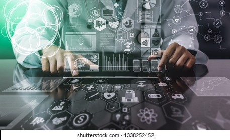 Medical Healthcare Research and Development Concept. Doctor in hospital lab with science health research icon show symbol of medical care technology innovation, medicine discovery and healthcare data. - Shutterstock ID 1338252452