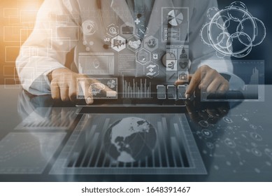 Medical Healthcare Research and Development Concept. Doctor in hospital lab with science health research icon show symbol of medical care technology innovation, medicine discovery and healthcare data. - Powered by Shutterstock