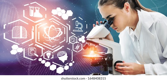 Medical Healthcare Research And Development Concept. Doctor In Hospital Lab With Science Health Research Icon Show Symbol Of Medical Care Technology Innovation, Medicine Discovery And Healthcare Data.