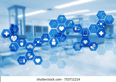 medical icon in hexagonal shaped pattern on blurred hospital background, science, health care and medical technology concept, blue color tone - Powered by Shutterstock