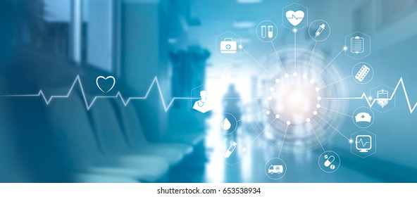 
Medical Icon Network Connection With Modern Virtual Screen Interface On Hospital Background, Medicine Technology Network Concept