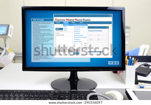 Medical information and electronic medical\
record system show on computer\
display.