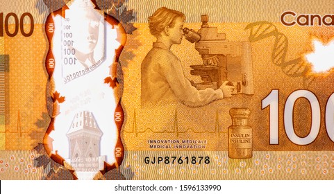 "Medical innovation". The discovery of insulin into diabetes treatment. Portrait from Canada 100 Dollars 2011 Polymer Banknotes. 