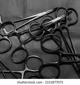 Medical Instruments On A Surgical Stand. Preparation For The Operation. Sterilized Surgical Scissors