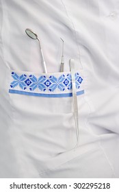 Medical Instruments Pocket Medical Gown With Embroidery In The Style Of Ukrainian Ornament