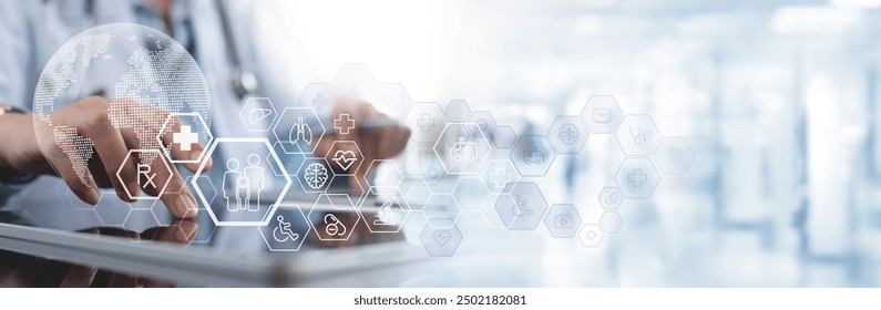 Medical insurance, family medicine concept. Doctor using digital tablet with medical technology, global health, telemedicine service and virtual hospital, online health, global healthcare background - Powered by Shutterstock - Get 15% off with code: PIKWIZARD15