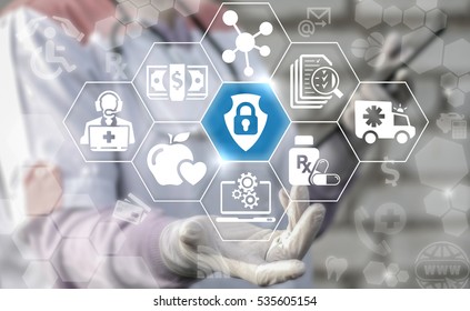 Medical Insurance Security Safety Health Care Internet Concept. Shield Lock Icon Healthcare Medicine Treatment Ambulance Protection Web Assurance Emergency Strategy And Technology