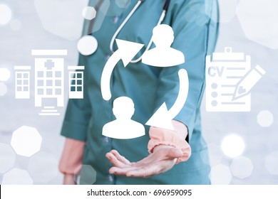 Medical Job Rotation Concept. Healthcare Human Resources. Hospital Staff Switch HR. Doctor Offers Circular Arrows People Icon On A Virtual Graphical User Interface.