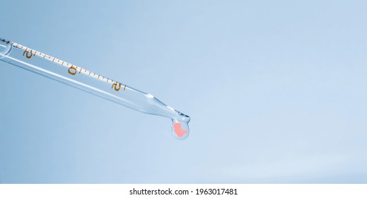 Medical Laboratory. A Test Tube With A Human Embryo On A Blue Background. The Concept Of Artificial Insemination. Elements Of A Bitmap Drawing. Close-up.