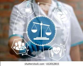 Medical Law And Justice Concept. Doctor Presses Scales Icon On Virtual Screen. Medicine Judge's. Health Care Balance. Litigation In Medicine. Judicial Healthy Technology