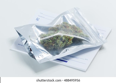 Medical Marijuana In Bag With Doctors Prescription Cannabis Bud.