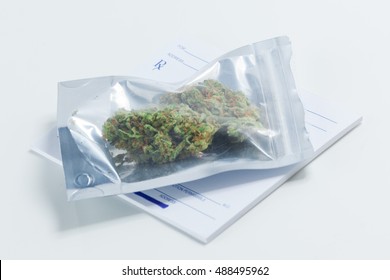 Medical Marijuana In Bag With Doctors Prescription Cannabis Bud.