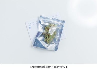 Medical Marijuana In Bag With Doctors Prescription Cannabis Bud.