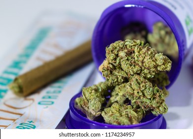 Medical Marijuana Buds Up Close In Purple Prescription Bottle With Rolled Blunt Wrap On The Side.