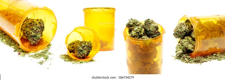 Medical Marijuana And Cannabis Stitch Or Sequence In Panoramic Panorama, Bud Is Prescription Pill Bottle  