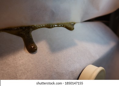 Medical Marijuana Extract Live Rosin Squish Up Close In Hydraulic Dab Press