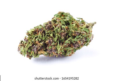Medical marijuana flower buds. Recreational marijuana strain. Cannabis strain. Weed bud in the glass jar. Dispensary menu. Hemp buds.isolated on white - medical marijuana concept