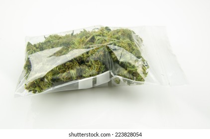 Medical Marijuana Isolated On White Background. Therapeutic And Medicinal Cannabis Plastic Bag