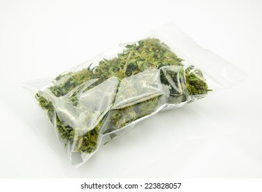 Medical Marijuana Isolated On White Background. Therapeutic And Medicinal Cannabis Plastic Bag