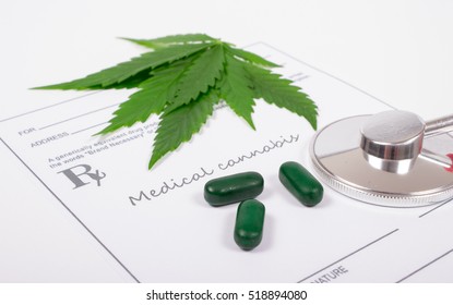 Medical marijuana prescription with stethoscope . CloseUp.