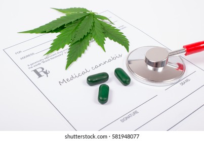 Medical Marijuana Prescription With Stethoscope . CloseUp.