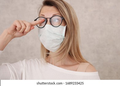 Medical Mask And Glasses Fogging. Avoid Face Touching, Coronavirus Prevention, Protection.