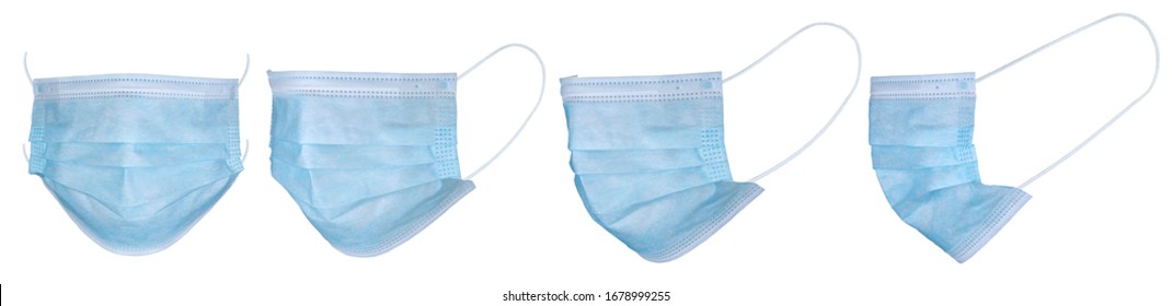 Medical mask or surgical earloop mask isolated on white background with clipping path. Medical mask isolated on white background. Surgical earloop masks on white. Doctor mask different viewing angles