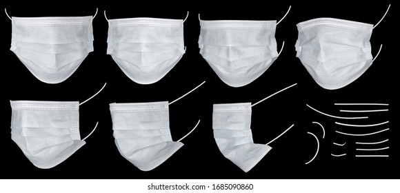 Medical Mask Or Surgical Earloop Mask Isolated On Black Background With Clipping Path. Large Set Of White Medical Masks On Black With Clipping Mask. Doctor Mask Protects Against Coronovirus, Close Up.