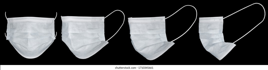 Medical Mask Or Surgical Earloop Mask Isolated On Black Background With Clipping Path. Medical Mask Isolated On Black Background. Surgical Earloop Masks On Black. Doctor Mask Different Viewing Angles