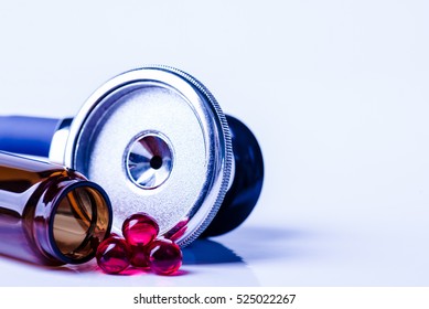 Medical, medicine stethoscope and pills on blue background. Health care or illness. Tablet or drug in hospital or pharmacy. Cardiology heart treatment. Medication prescription