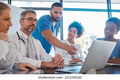Medical, meeting and laptop for team in office in discussion, brainstorming and planning. Doctor, nurse and computer on desk show diversity in collaboration, teamwork or workshop for data analytics - Powered by Shutterstock