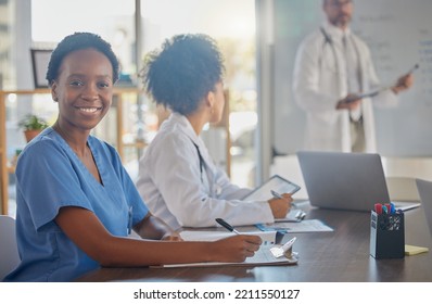 Medical Meeting, Portrait And African Doctor Writing Notes In A Nursing Workshop For Training At A Hospital. Happy, Professional And Black Woman Nurse In A Seminar For Medicine At A Clinic At Work