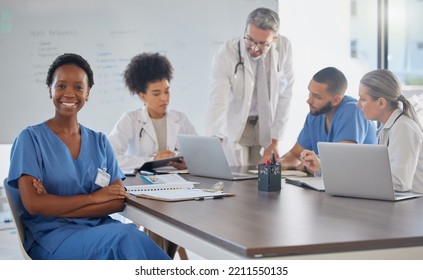 Medical Meeting, Portrait And African Doctor Working In Seminar With Employees At A Hospital. Proud, Happy And Black Woman Nurse With Arms Crossed And Support For Healthcare During Workshop At Clinic