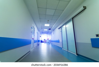 Medical modern interior of corridor in hospital. Healthcare clinical interior in corridor. Full length