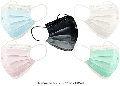 Medical Multi-colored Masks On Isolated Background. Surgical Ear-Loop Mask On White