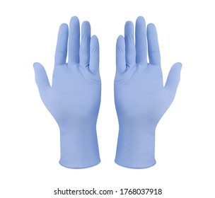 Medical nitrile gloves.Two blue surgical gloves isolated on white background with hands. Rubber glove manufacturing, human hand is wearing a latex glove. Doctor or nurse putting on protective gloves