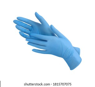 Guantes de nitrilo médico.Dos guantes quirúrgicos azules aislados sobre fondo blanco con las manos. Fabricación de guantes de goma, la mano humana lleva un guante de látex. Médico o enfermera poniendo guantes protectores