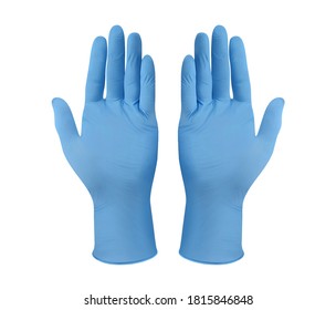 Medical nitrile gloves.Two blue surgical gloves isolated on white background with hands. Rubber glove manufacturing, human hand is wearing a latex glove. Doctor or nurse putting on protective gloves