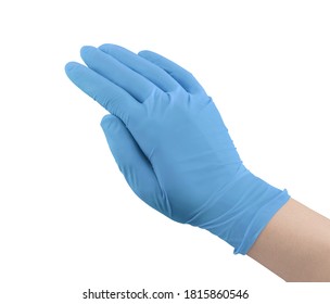 Medical Nitrile Gloves.Two Blue Surgical Gloves Isolated On White Background With Hands. Rubber Glove Manufacturing, Human Hand Is Wearing A Latex Glove. Doctor Or Nurse Putting On Protective Gloves